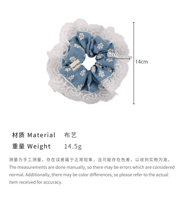 E廠-夏季牛仔刺繡蕾絲花邊大腸髮圈女韓系碎花布藝頭繩髮圈高級感髮飾「25468」24.05-4