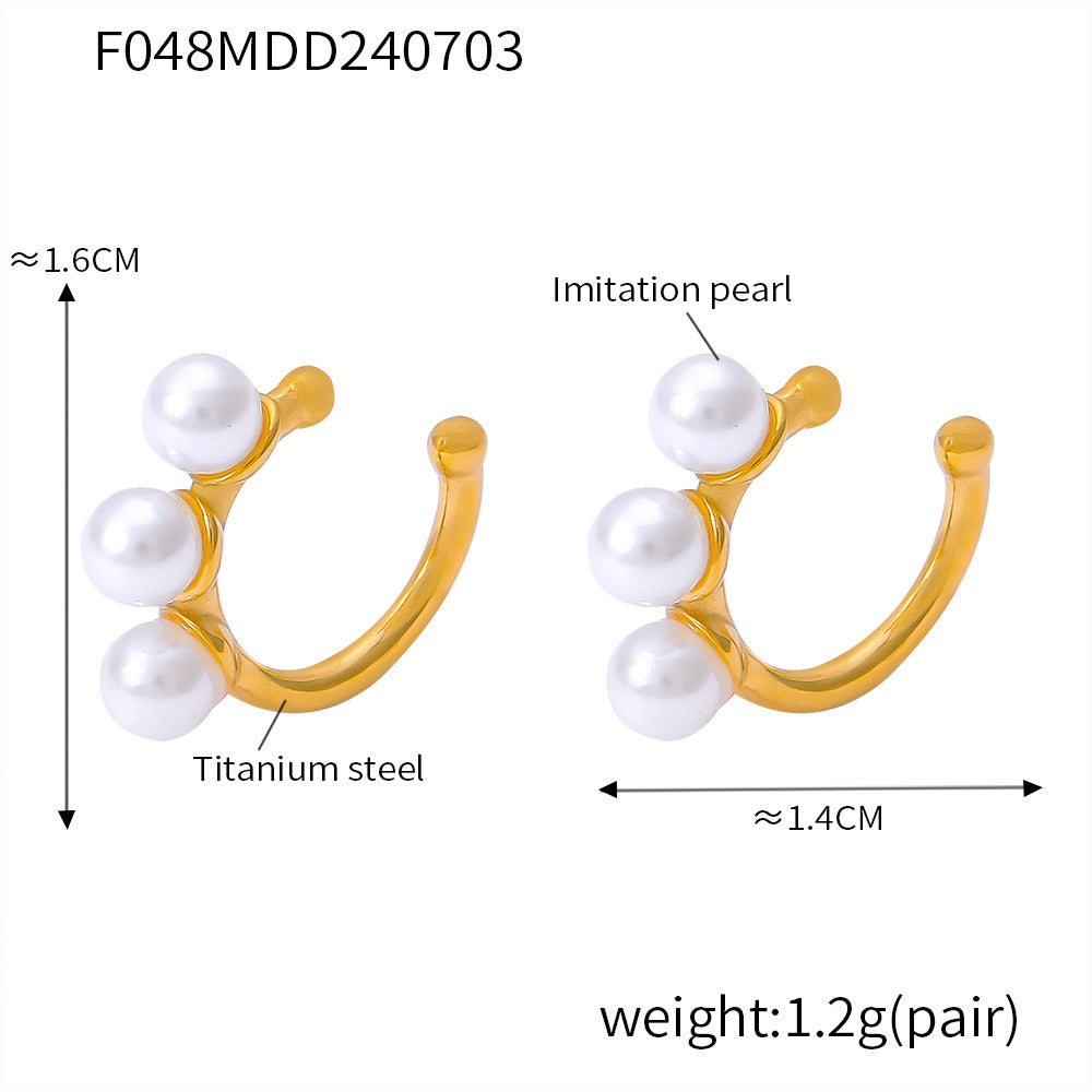 B廠-歐美跨境熱銷三顆珍珠C形耳夾鈦鋼鍍18K金小眾氣質耳骨夾耳圈女「F048」24.07-2