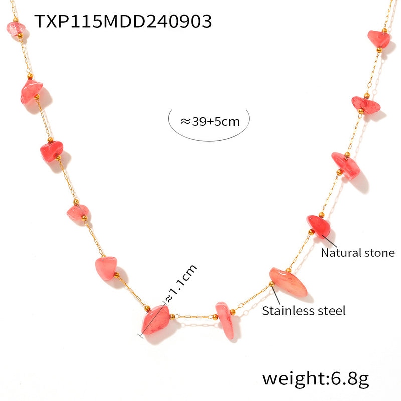B廠-跨境新款法式復古簡約天然石手工項鍊手鍊小眾設計不鏽鋼套裝飾品「TXP115-TXE115」24.09-2
