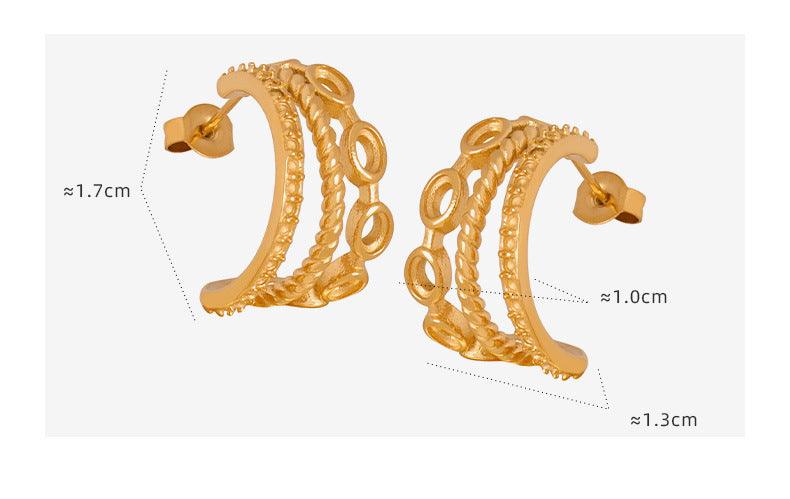 B廠-個性冷淡風歐美跨境熱銷三層螺紋C形耳環鈦鋼鍍金流行時髦耳飾品「F929」23.08-1 - 安蘋飾品批發