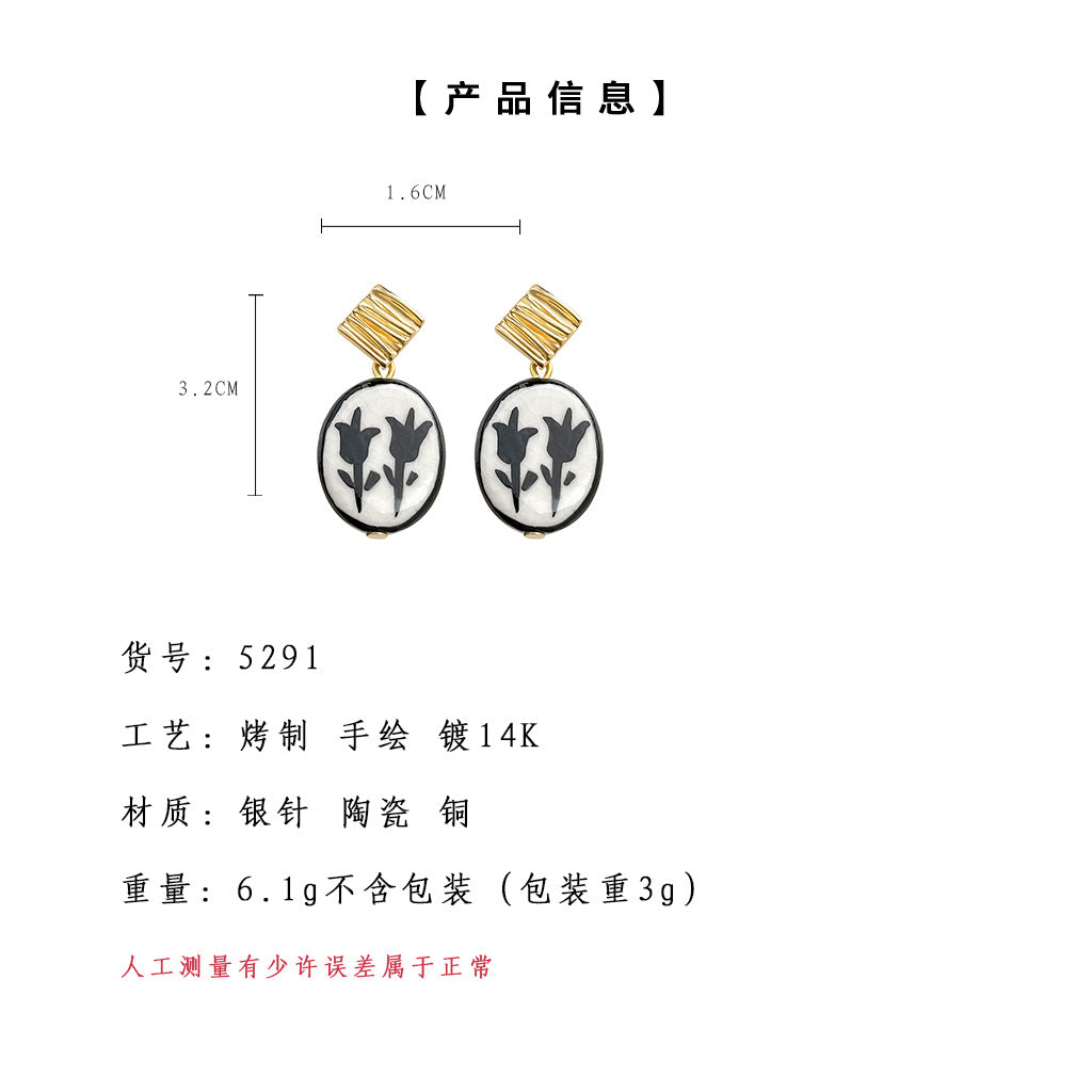 A廠-原創設計陶瓷質感手工耳環彩繪鬱金香花朵耳環工廠新款飾品供應鏈「5291-5292」24.12-2