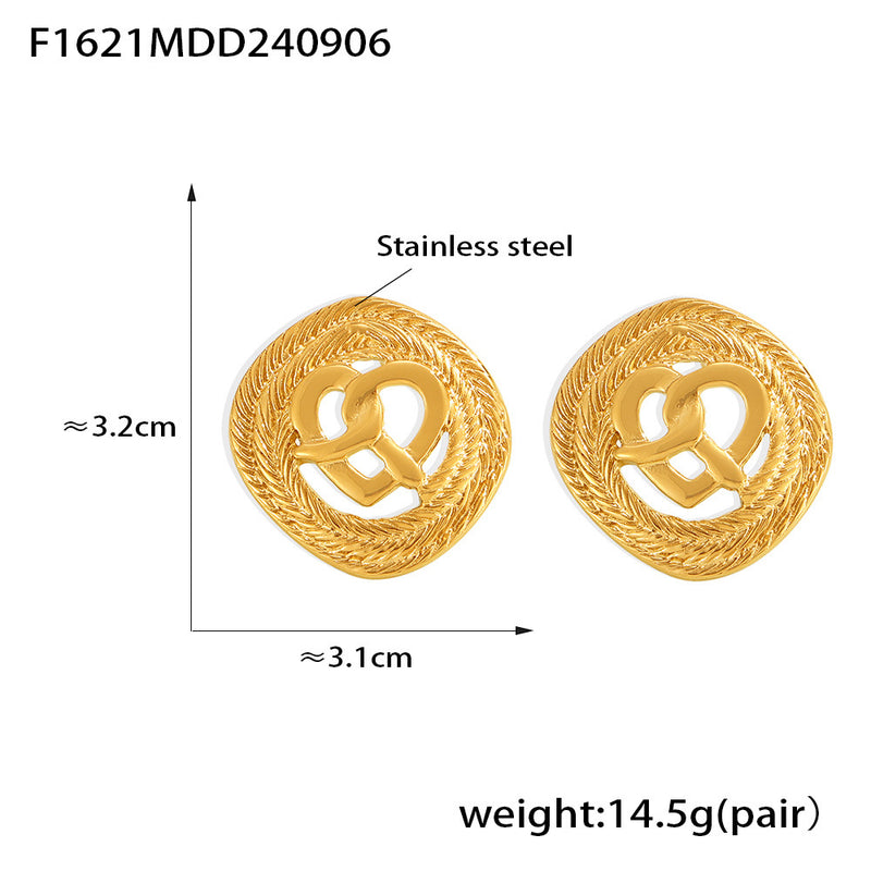 B廠-復古肌理愛心扭扭結耳環歐美小眾設計感新款鏤空不鏽鋼輕奢耳釘「F1621」24.09-3