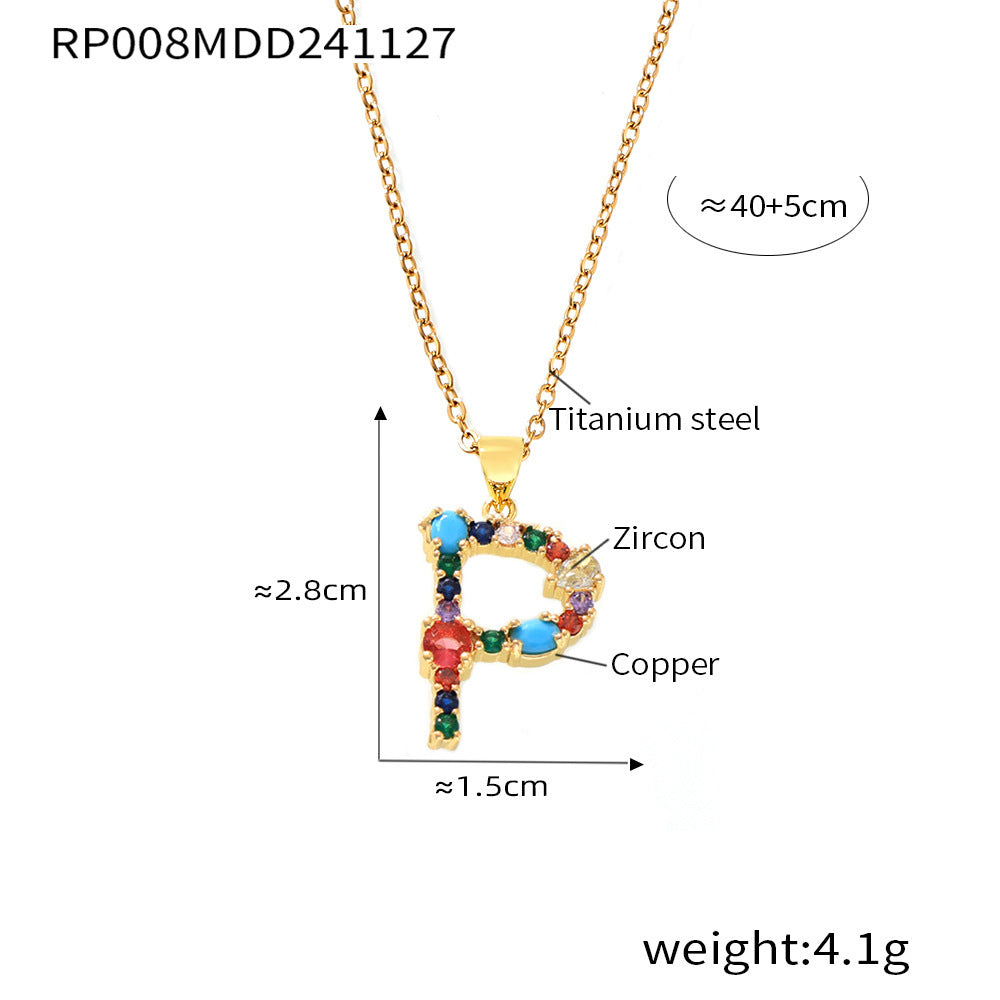 B廠-歐美跨境銅微鑲彩色鋯石26個英文字母個性吊墜小眾嘻哈鎖骨鏈現貨「RP008」24.12-2