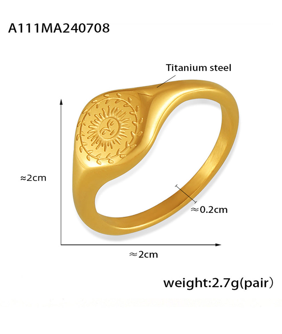 B廠-熱銷歐美風太陽花紋面雕刻女神像戒指簡約復古設計鈦鋼鍍18k金「A111」24.07-2