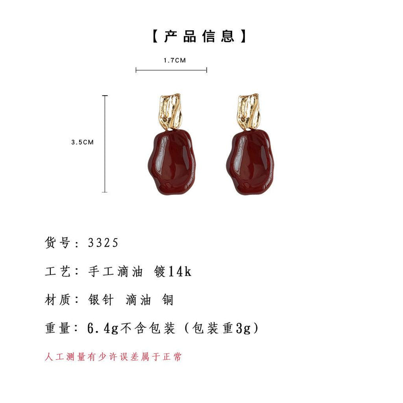 A廠-高級感酒紅色滴釉港風復古鍍14K手工不規則銀針耳飾原創耳環「3325」23.12-1 - 安蘋飾品批發