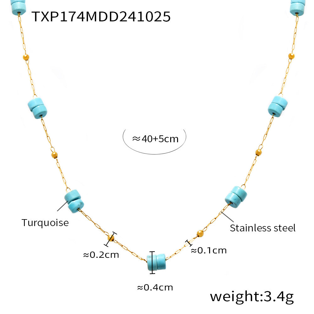 B廠-金珠圓柱藍松石手工手鍊項鍊雙層疊戴歐美輕奢感不鏽鋼套裝「TXP174-TXE174-P1694」24.11-1