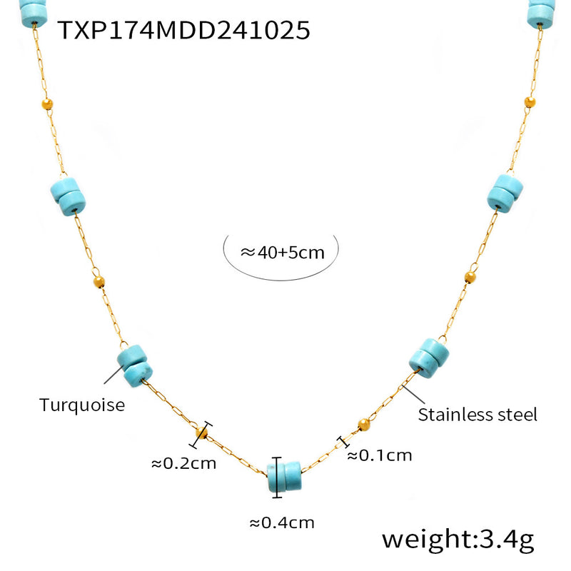 B廠-金珠圓柱藍松石手工手鍊項鍊雙層疊戴歐美輕奢感不鏽鋼套裝「TXP174-TXE174-P1694」24.11-1
