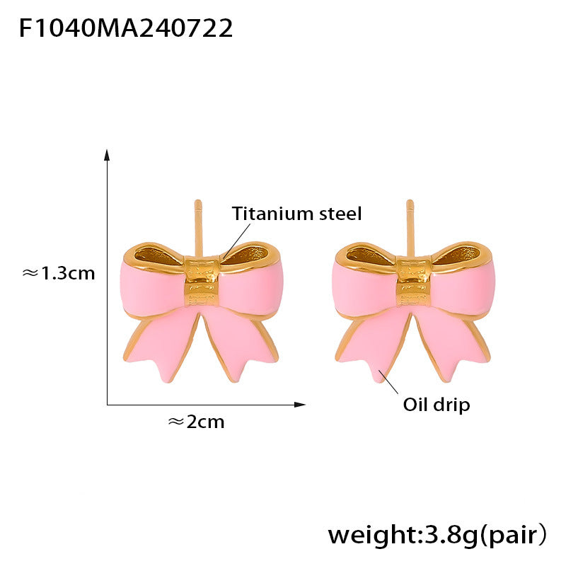 B廠-歐美風新款蝴蝶結滴油耳釘小眾甜美設計鈦鋼鍍18k金小香風耳飾女「F1040」24.07-4