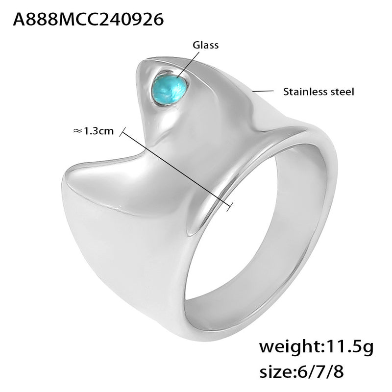 B廠-創意冷淡風湖藍玻璃石圓弧凹面戒指不鏽鋼不掉色小眾時尚指環批發「A888」24.10-1