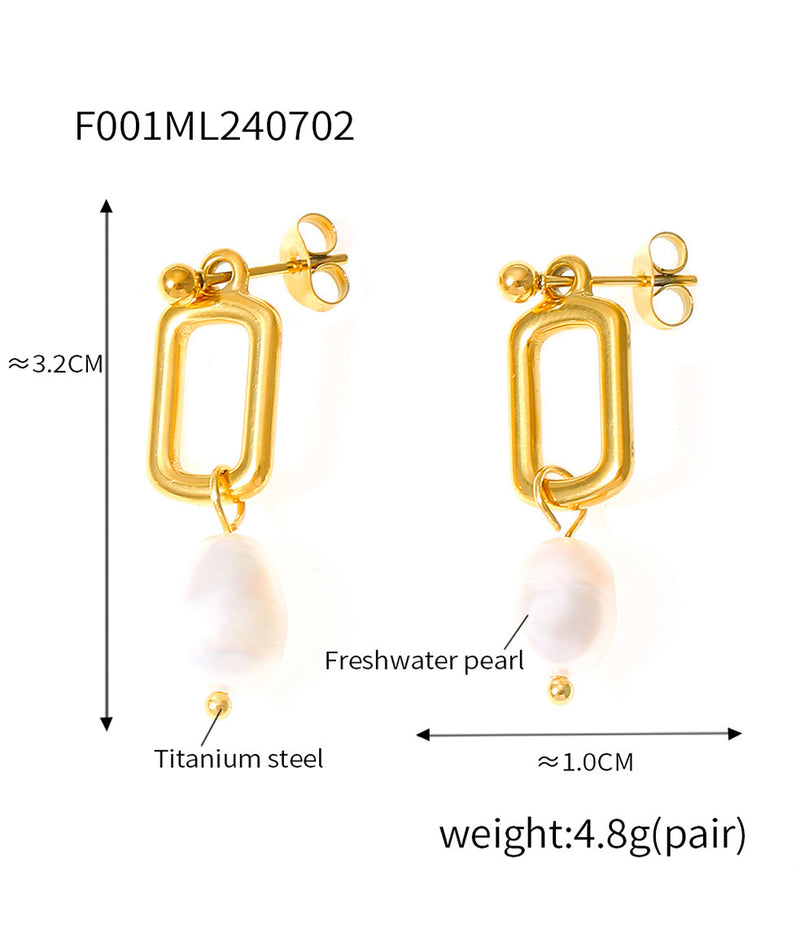 B廠-法式復古小方框淡水珍珠耳釘幾何方形小眾設計高級感鈦鋼鍍金耳飾「F001」24.07-2