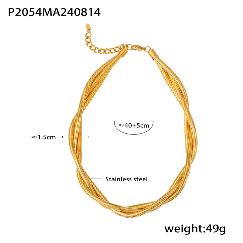 B廠-歐美風重工金色三線纏繞項圈頸鏈輕奢感不鏽鋼鍍18k真金朋克項鍊「P2054」24.08-4