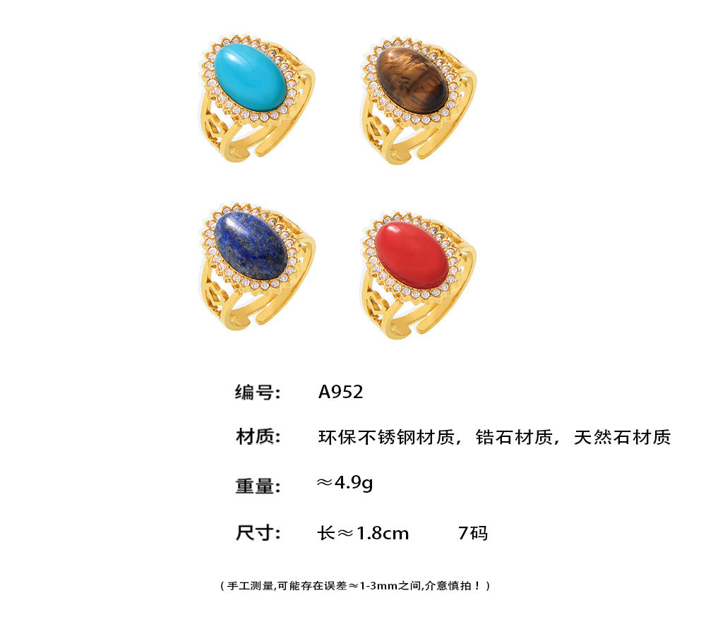 B廠-波浪鋯石橢圓天然石開口戒指不鏽鋼PVD電鍍可調節「A952」24.10-4