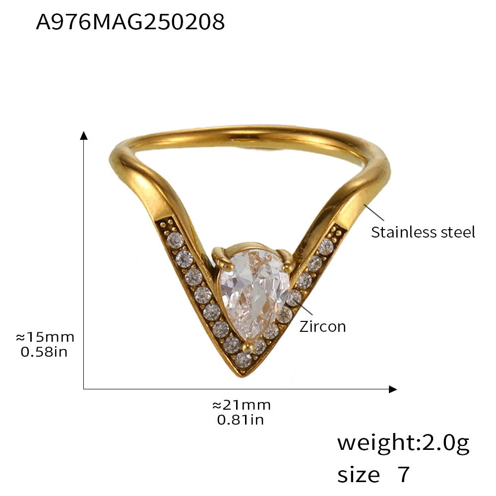 B廠-V字鑲滿鑽5A鋯石開可調節不鏽鋼戒指不掉色時尚輕奢食指戒「A976」25.02-2