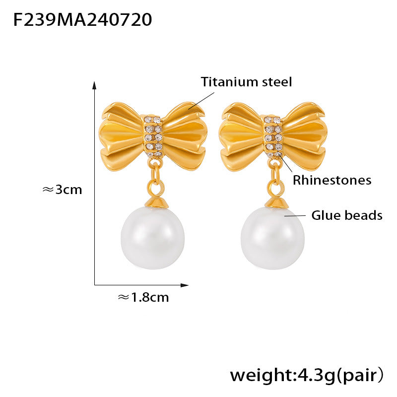 B廠-歐美ins風褶皺蝴蝶結鑲鑽流蘇仿珍珠耳環女鈦鋼鍍18k金百搭耳飾「F239」24.07-4
