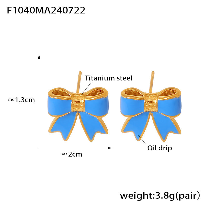 B廠-歐美風新款蝴蝶結滴油耳釘小眾甜美設計鈦鋼鍍18k金小香風耳飾女「F1040」24.07-4