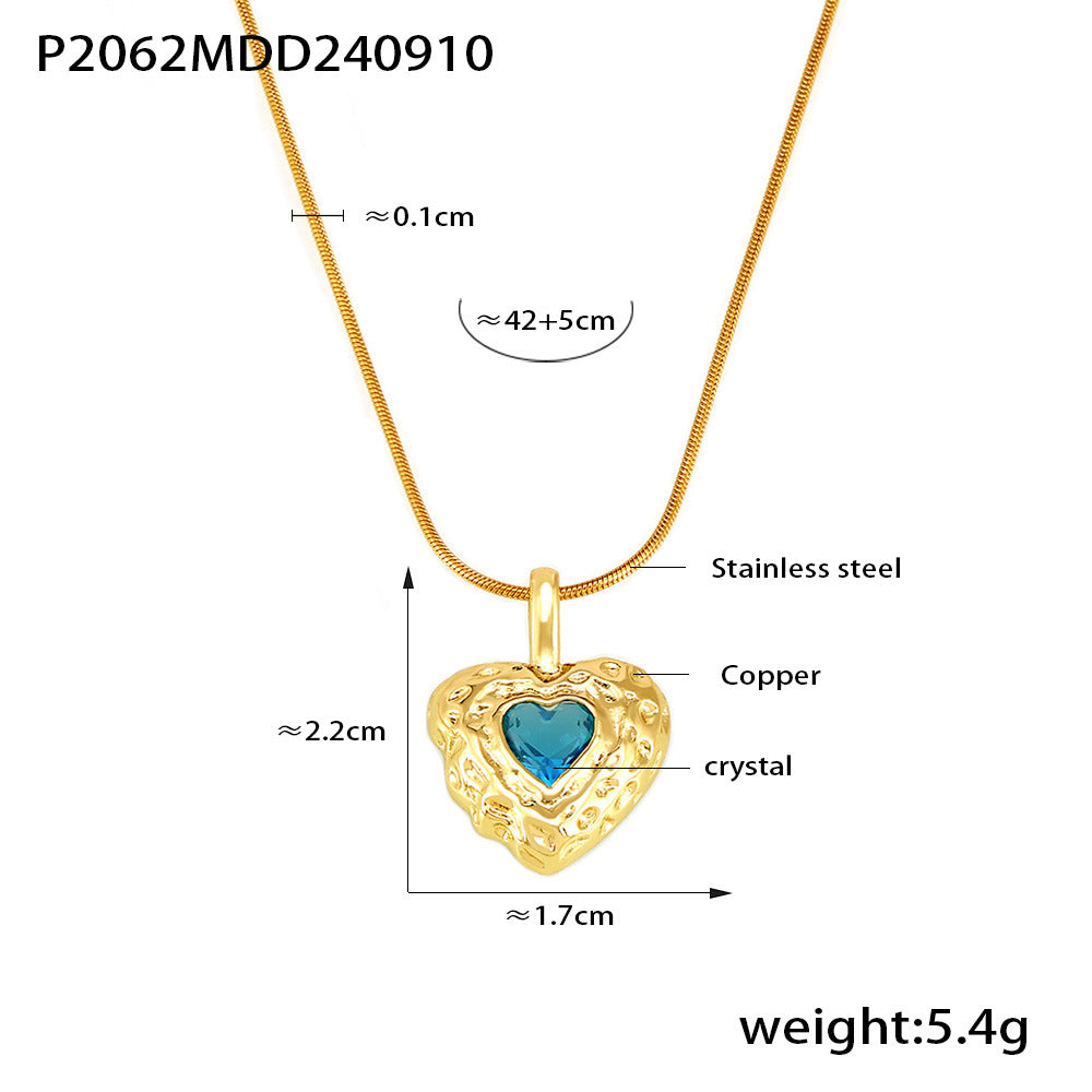 B廠-復古錘紋銅質水晶愛心吊墜 ins冷淡風少女甜美小眾設計鎖骨鏈配飾「P2062」24.09-2