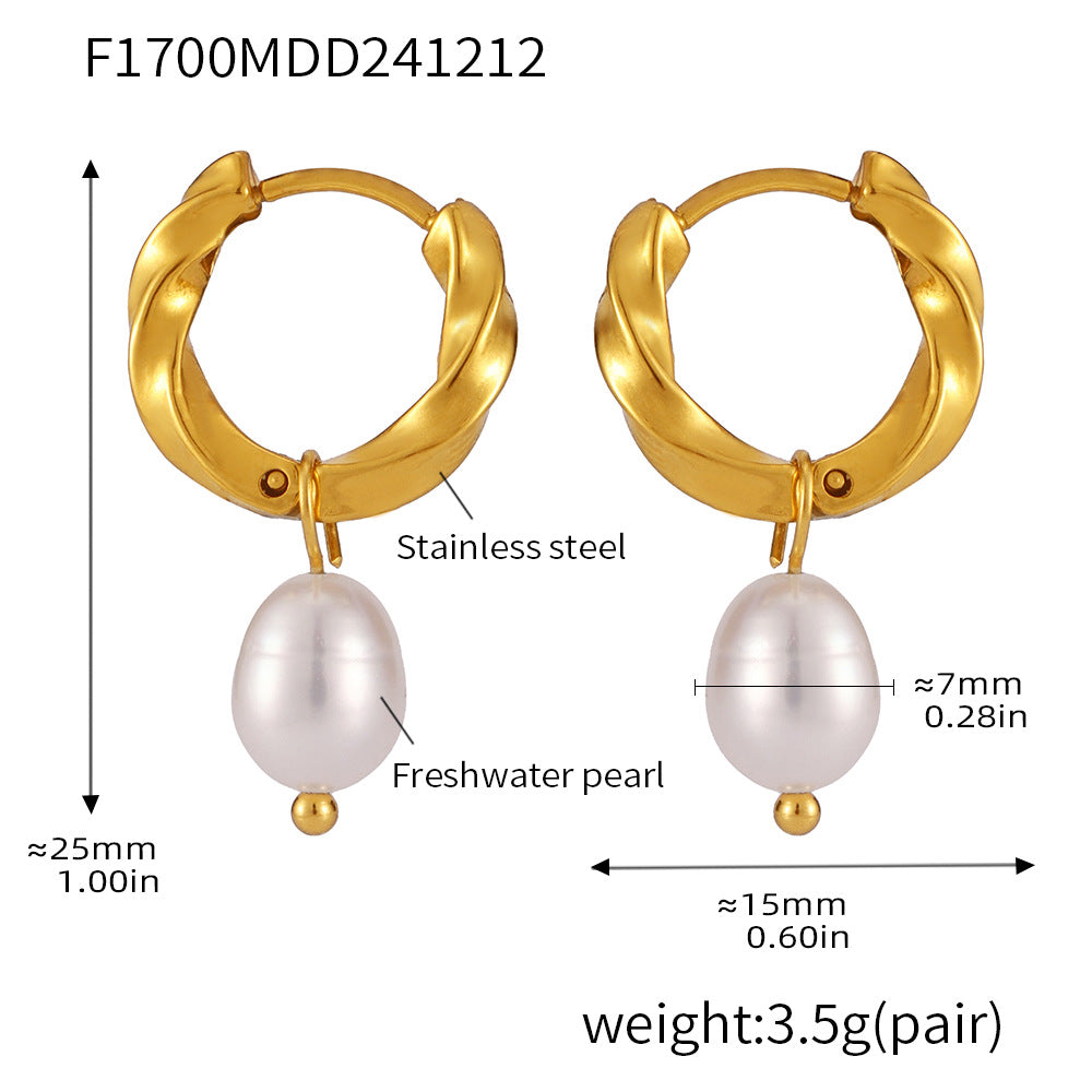 B廠-不鏽鋼麻花扣天然淡水養殖珍珠耳釘耳環PVD電鍍18K真金耳飾「F1700-F1701-F1702」24.12-3