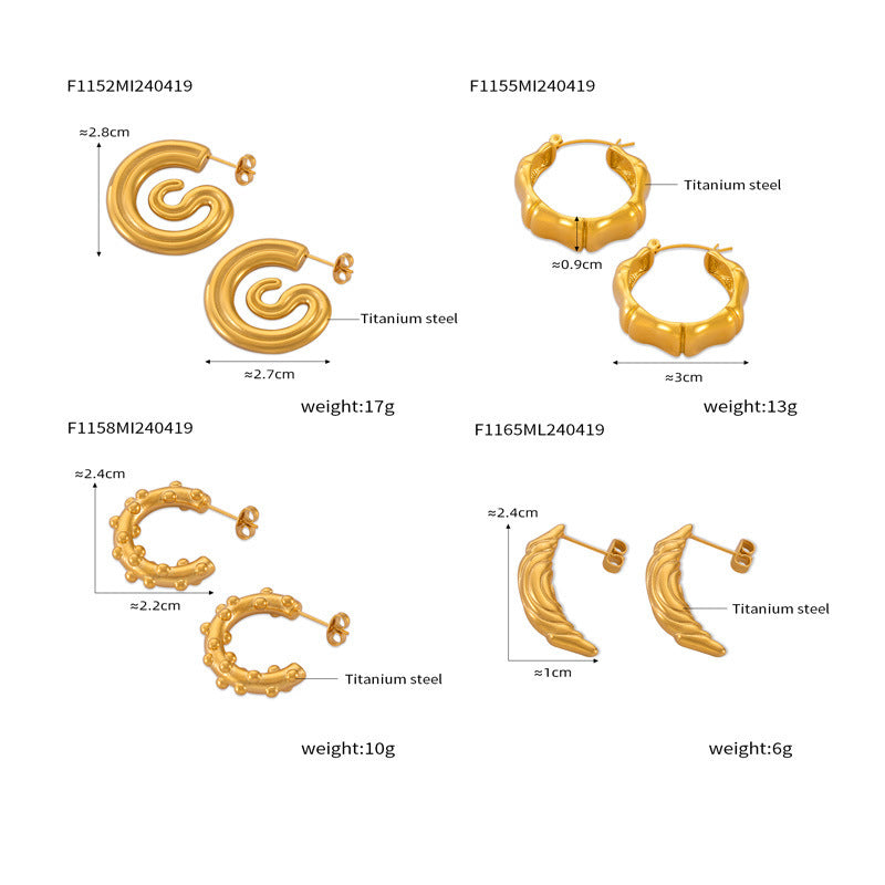B廠-歐美金屬小眾個性百搭耳釘C型幾何耳環鈦鋼鍍金設計感耳飾套裝女「F1152-65」24.04-4
