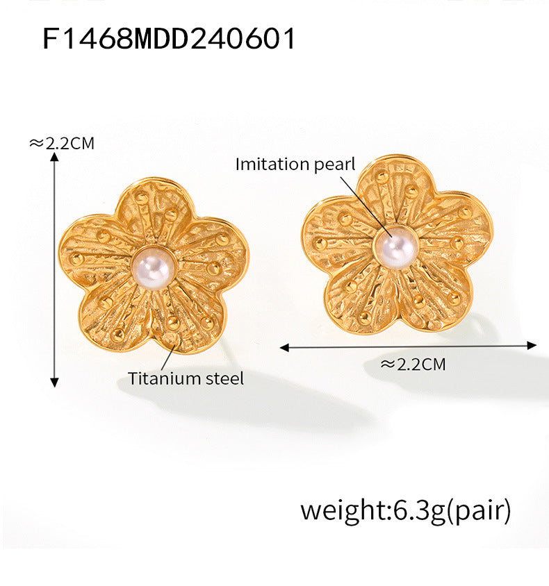 B廠-法式ins小眾復古鑲貝珠花朵耳飾耳釘女鈦鋼鍍18k金設計感百搭耳環「F1468」24.06-1