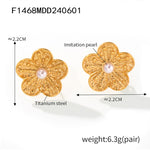 B廠-法式ins小眾復古鑲貝珠花朵耳飾耳釘女鈦鋼鍍18k金設計感百搭耳環「F1468」24.06-1