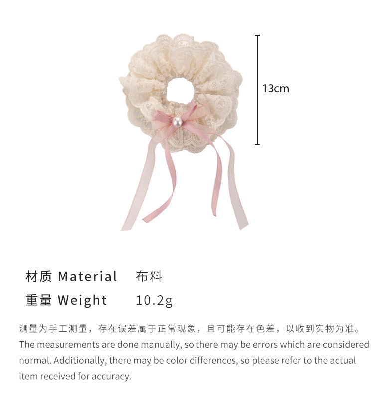 E廠-復古甜美溫柔絲帶蝴蝶結大腸雙層蕾絲髮圈芭蕾風飄帶頭繩頭花髮繩「25239」24.04-3