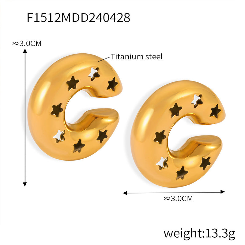 B廠-新款幾何鏤空C形空心耳夾鈦鋼鍍18K金滴油光面設計耳環百搭飾品女「F1511-2」24.05-1