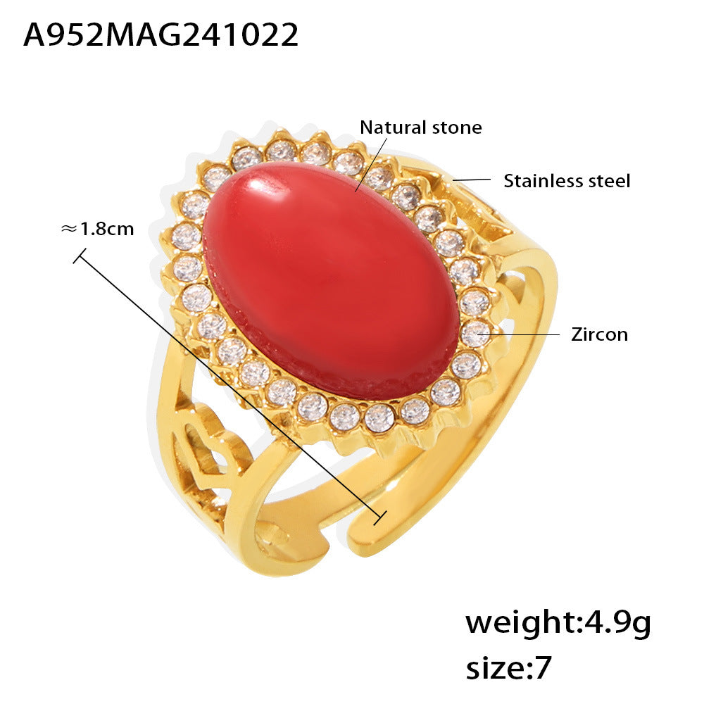 B廠-波浪鋯石橢圓天然石開口戒指不鏽鋼PVD電鍍可調節「A952」24.10-4