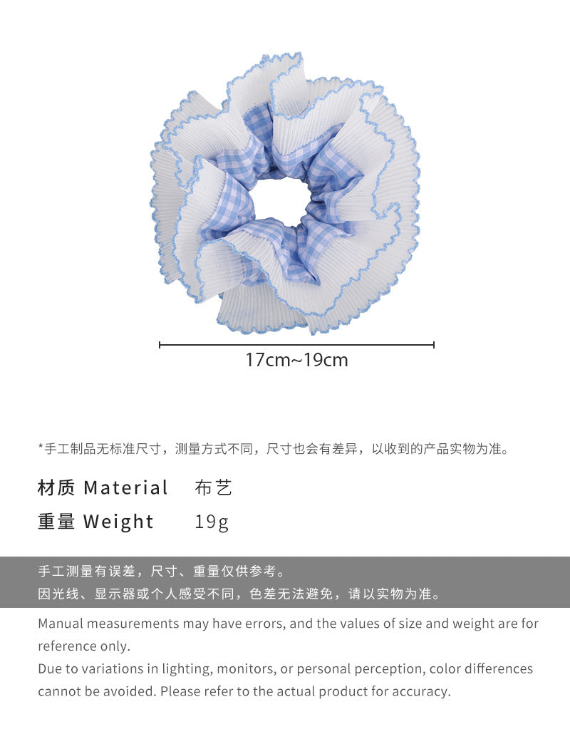 E廠-韓國小眾設計感藍色格子花邊蕾絲布藝大腸髮圈少女丸子頭髮繩頭飾「26437」25.02-1