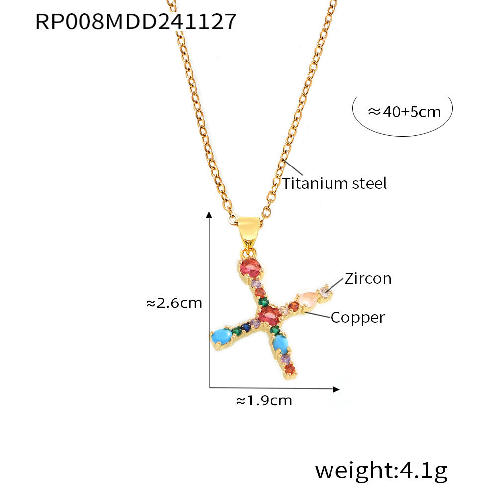 B廠-歐美跨境銅微鑲彩色鋯石26個英文字母個性吊墜小眾嘻哈鎖骨鏈現貨「RP008」24.12-2
