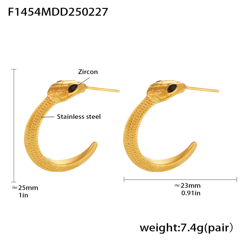 B廠-鋯石眼睛蛇形耳環流行款動物本命年耳飾不鏽鋼鍍真金保色潮「F1454」25.03-1