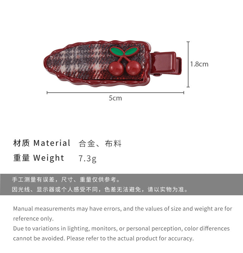 E廠-秋冬新款甜美格紋櫻桃髮夾百搭小眾瀏海夾碎髮夾少女無痕髮卡髮飾「26057」24.09-4