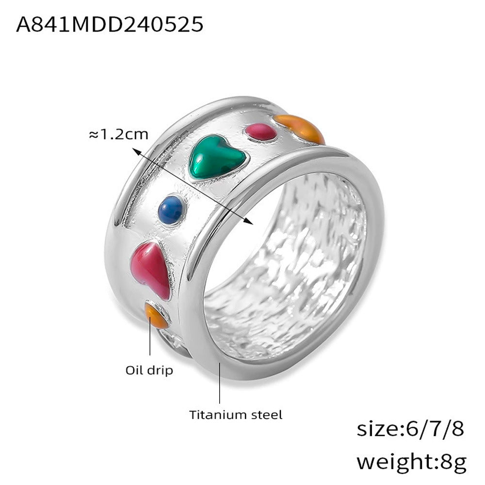 B廠-簡約個性砝碼彩釉愛心設計感飾品小眾輕奢鈦鋼鍍金寬面戒指「A841」25.02-1