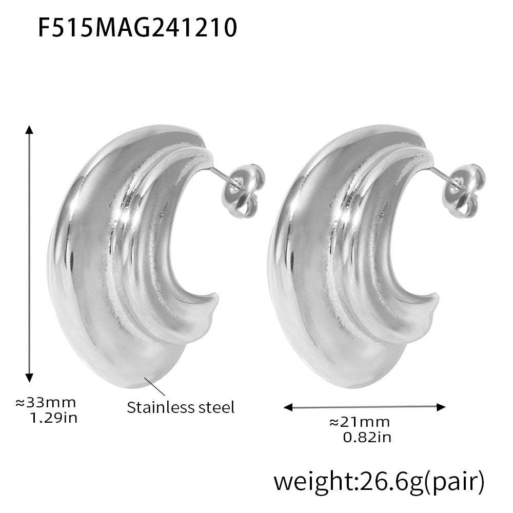 B廠-不鏽鋼多層C型曲面重工拋光質感耳環 PVD鍍18K真金網紅耳釘「F515」24.12-2