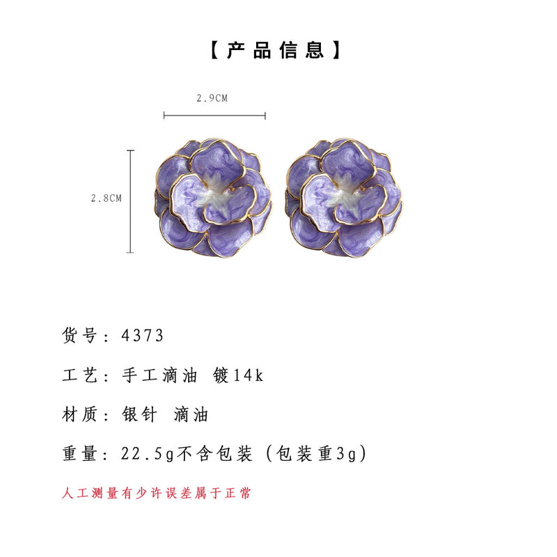 A廠-文藝復古中古風誇張大花朵滴釉琺瑯質感漸變紫鍍14K耳飾工廠耳環「4373」24.08-2