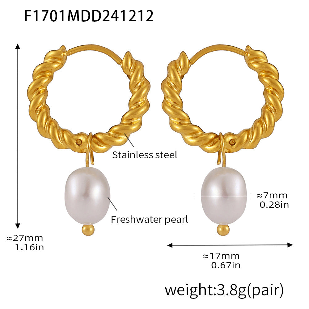 B廠-不鏽鋼麻花扣天然淡水養殖珍珠耳釘耳環PVD電鍍18K真金耳飾「F1700-F1701-F1702」24.12-3
