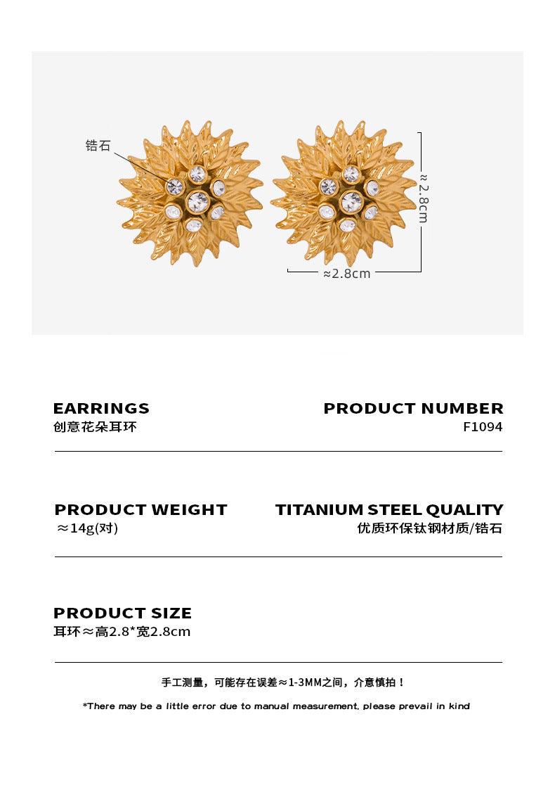 B廠-ins風太陽花造型樹葉紋理設計鑲鋯石鈦鋼耳環小眾獨特耳飾潮「F1094」23.12-5 - 安蘋飾品批發