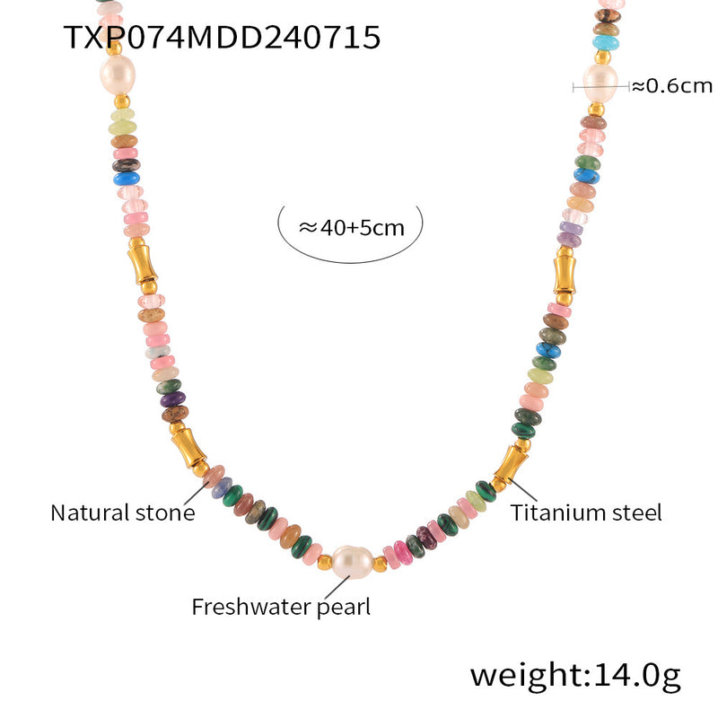 B廠-波西米亞風格多巴胺淡水珍珠天然石串珠項鍊手鍊鈦鋼夏日首飾套裝「TXP074-TXE074」24.07-3