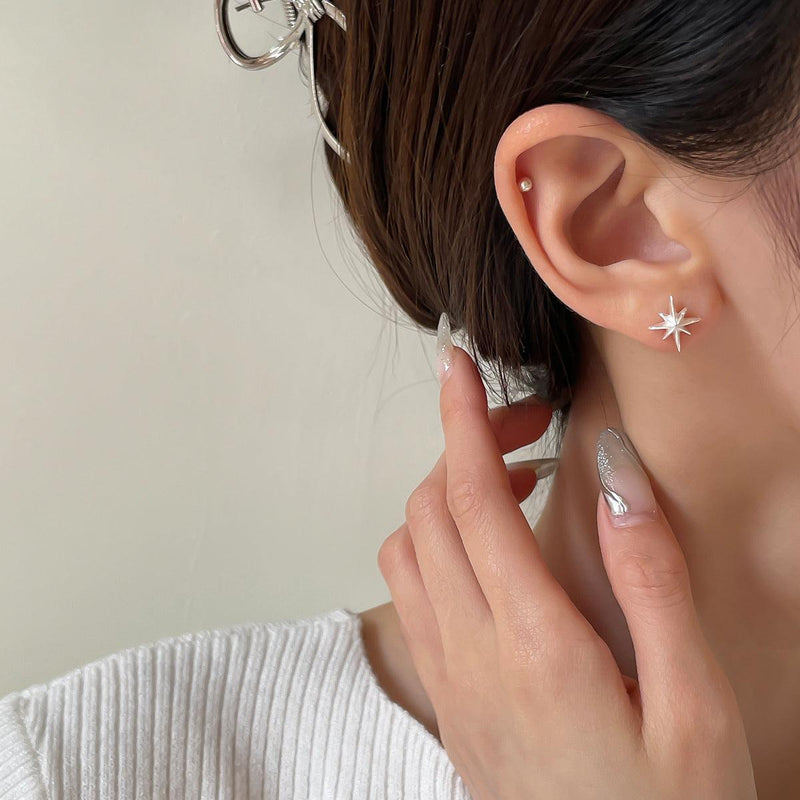 C廠-999純銀八芒星耳釘女小眾設計高級感耳飾簡約精緻養耳洞耳骨釘新 