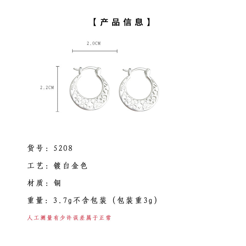 A廠-民族風鏤空花紋銀色耳環個性新中式幾何圓形新耳飾工廠耳環批發「5208」24.11-5