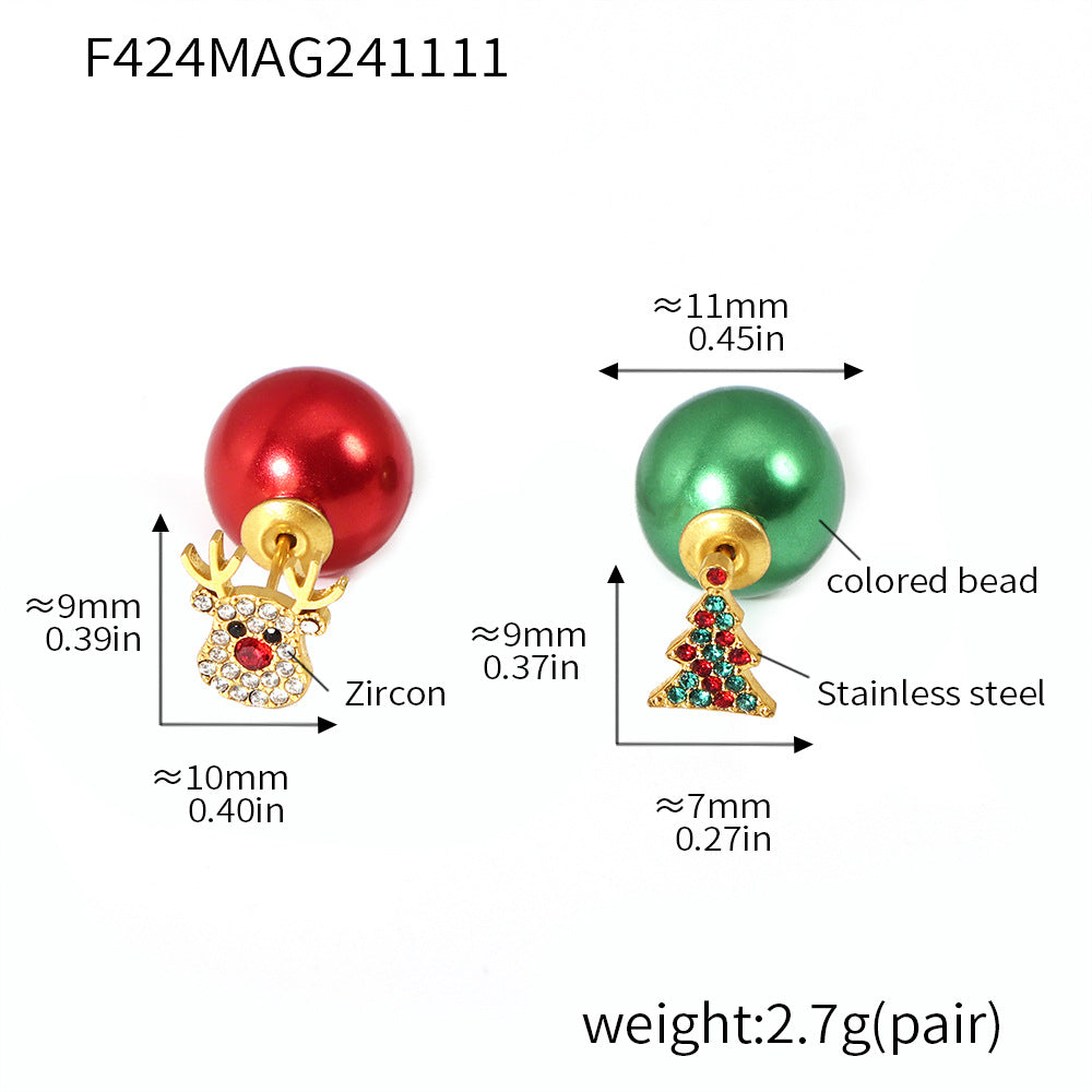 B廠-彩色鋯石聖誕小樹麋鹿不鏽鋼耳釘DIY彩珠耳堵小眾新品耳飾「F424」24.11-3