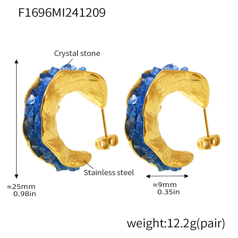 B廠-不鏽鋼水晶石C型耳環歐美INS風亮晶晶奢華氣質PVD鍍金耳飾「F1696」24.12-2
