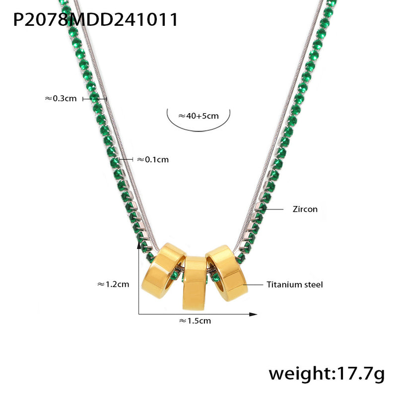 B廠-316L鈦鋼3mm爪鑽多彩鋯石間電3環鎖骨項鍊鍍18K真金保色女「P2078」24.10-3