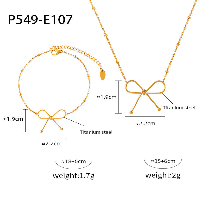 B廠-意大利雜誌簡約風格鎖骨鏈鈦鋼鍍18K真金手鍊首飾套裝蝴蝶結項鍊「P549-E107」24.04-2