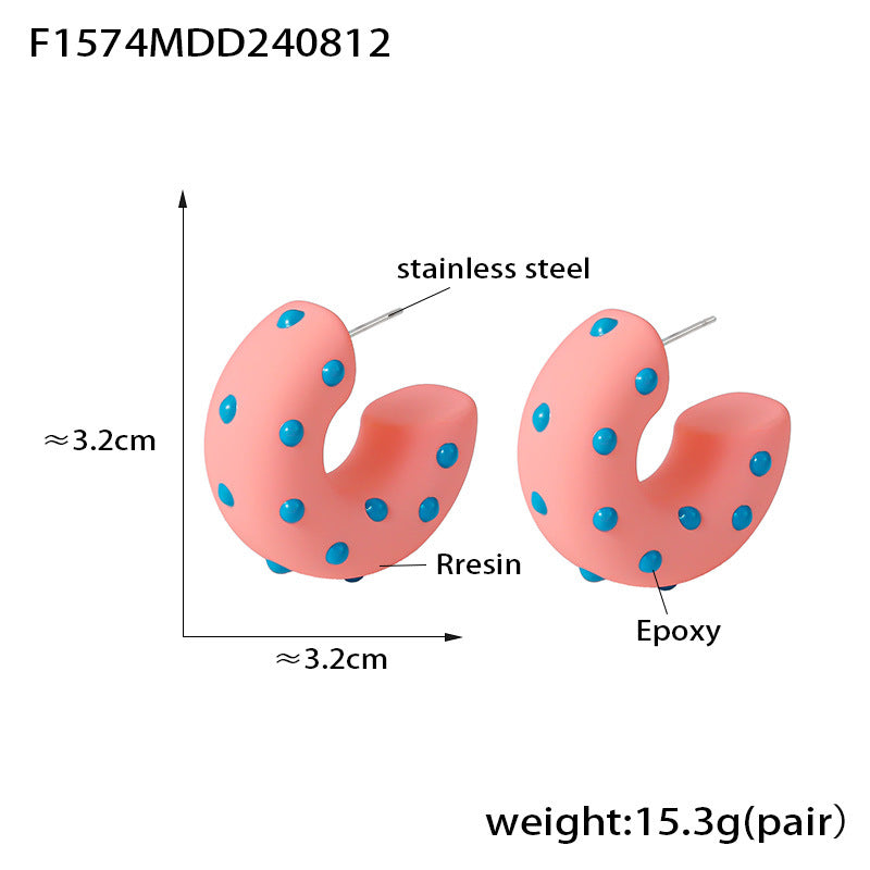 B廠-歐美ins風環保樹脂滴膠斑點C形耳飾潮流田園風不鏽鋼耳環飾品批發「F1574」24.08-5