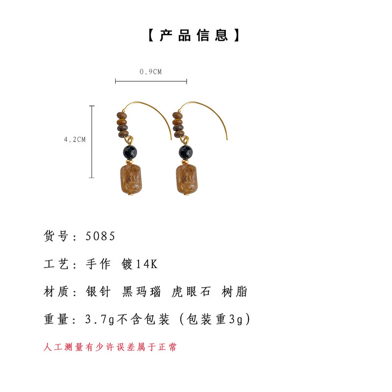 A廠-文藝復古新中式設計師款虎眼石琥珀色手工耳飾天然石耳環工廠飾品「5085」24.11-2