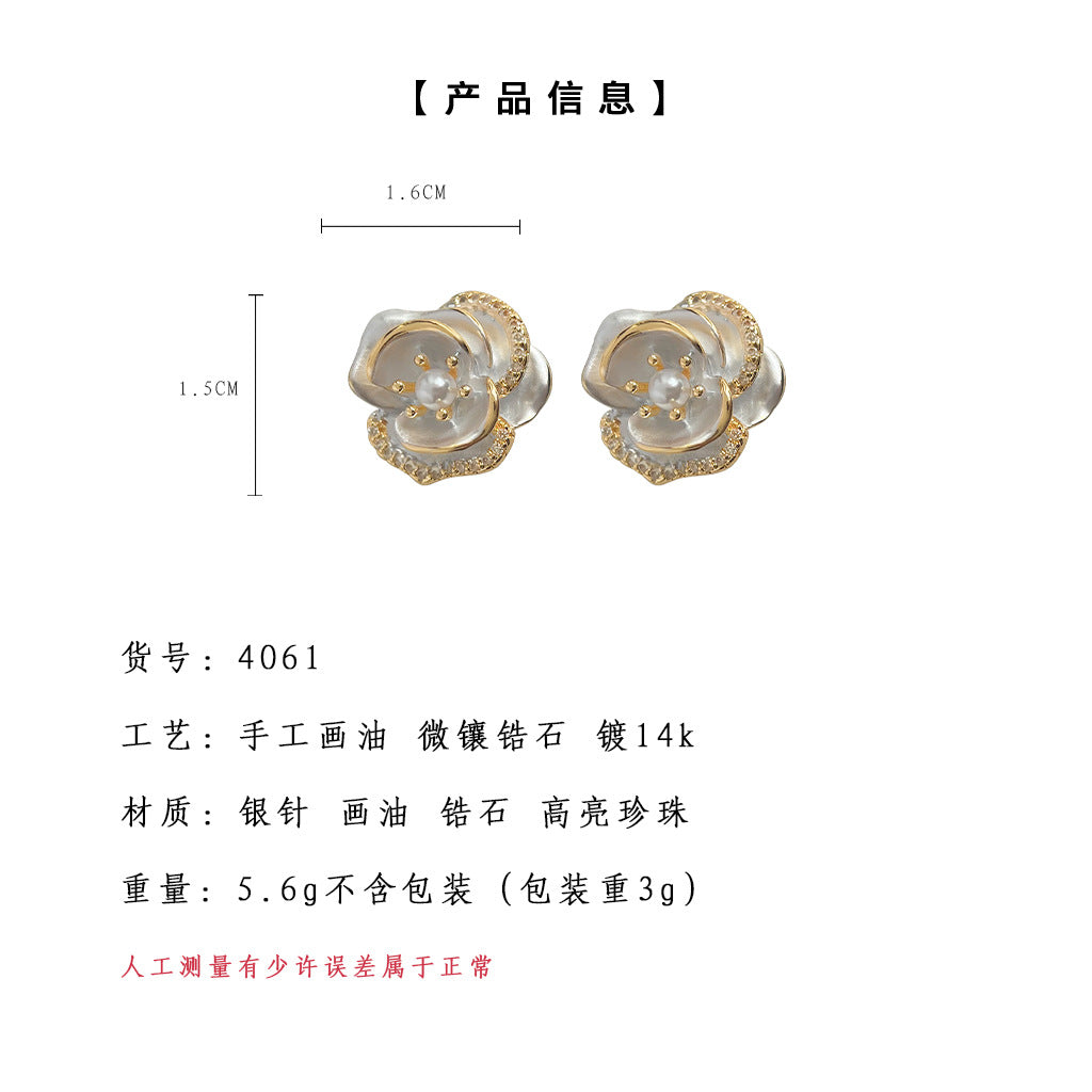 A廠-小香風微鑲鋯石立體花朵鍍14K山茶花耳環氣質優雅高級感銀針耳飾「4061」24.05-3