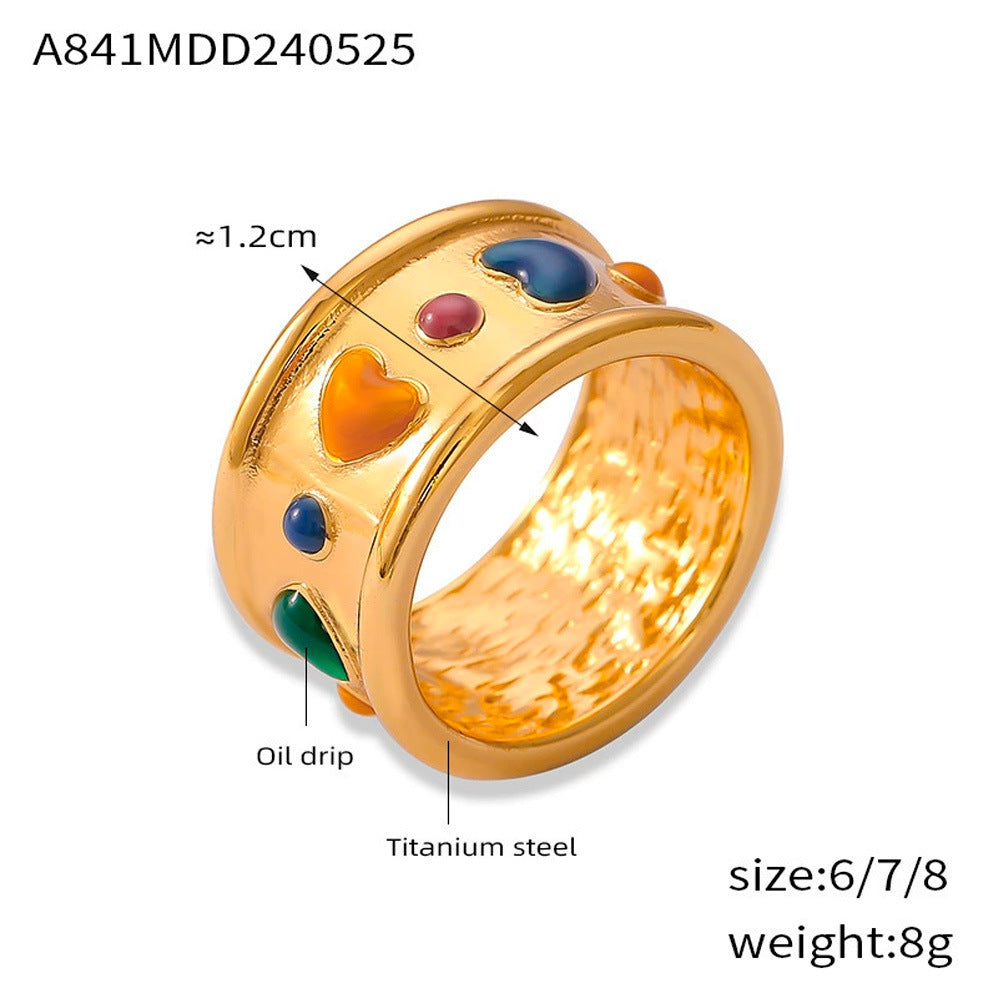 B廠-簡約個性砝碼彩釉愛心設計感飾品小眾輕奢鈦鋼鍍金寬面戒指「A841」25.02-1