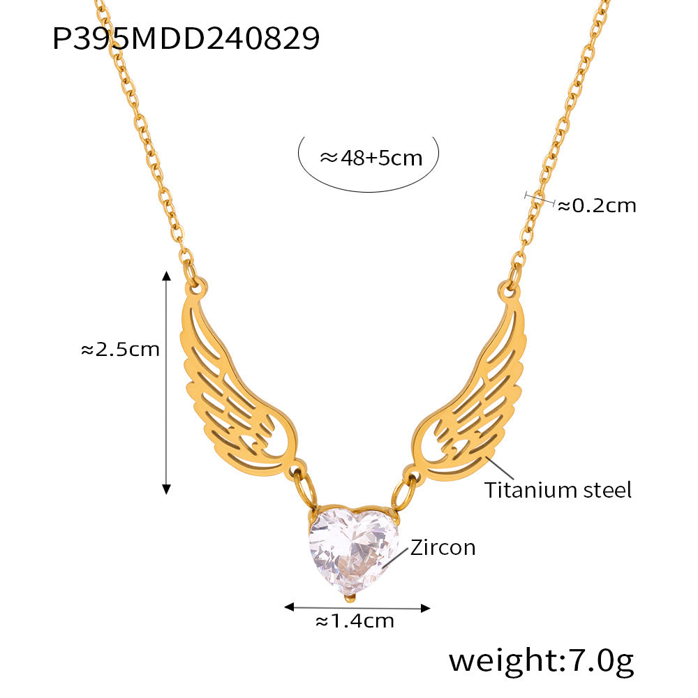B廠-跨境愛心鋯石天使翅膀項鍊百搭個性氣質女神禮物鈦鋼鎖骨鏈飾品女「P395」24.09-1