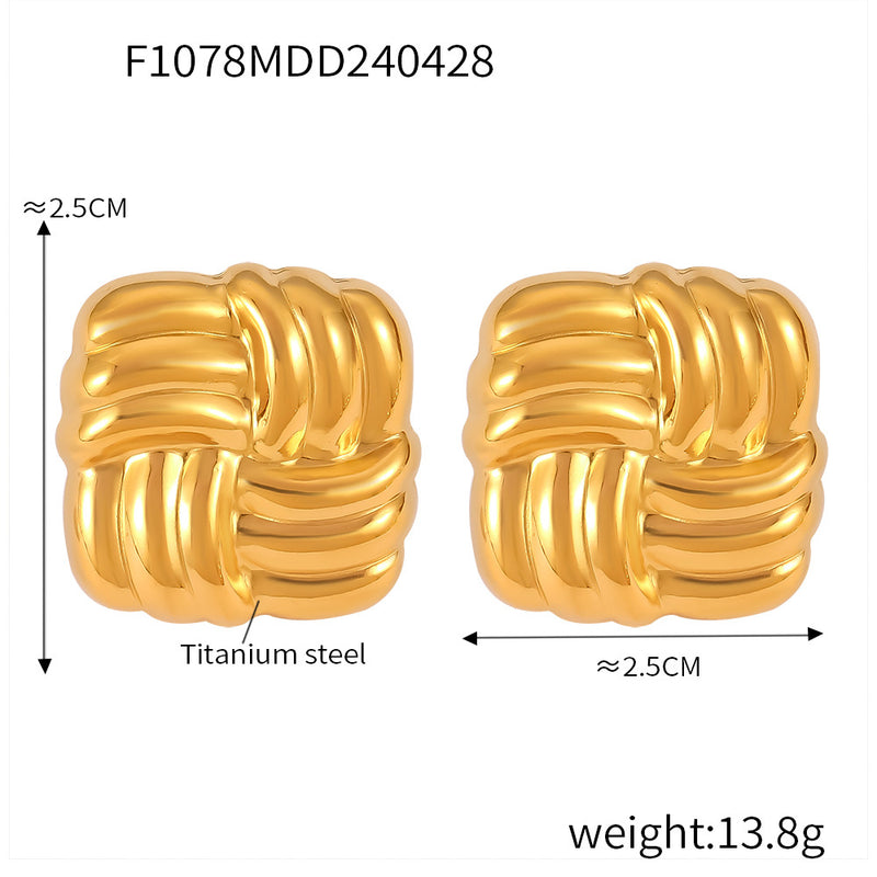 B廠-跨境歐美時尚個性方形斜條紋理不鏽鋼鍍金耳釘耳飾組合批發「F1274」24.11-3