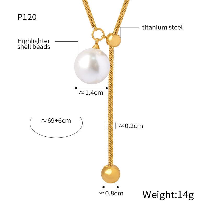 B廠-新款時尚輕奢簡約鈦鋼鍍金圓珠流蘇高光貝珠吊墜項鍊飾品批發女式「P120」24.03-3 - 安蘋飾品批發